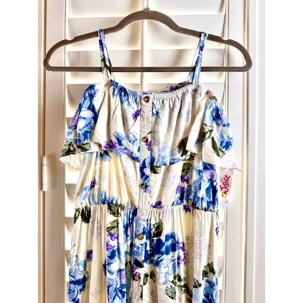 Justice Girls Size 14 Floral Maxi Dress Cold Shoulder Boho Blue Rose Cream NEW